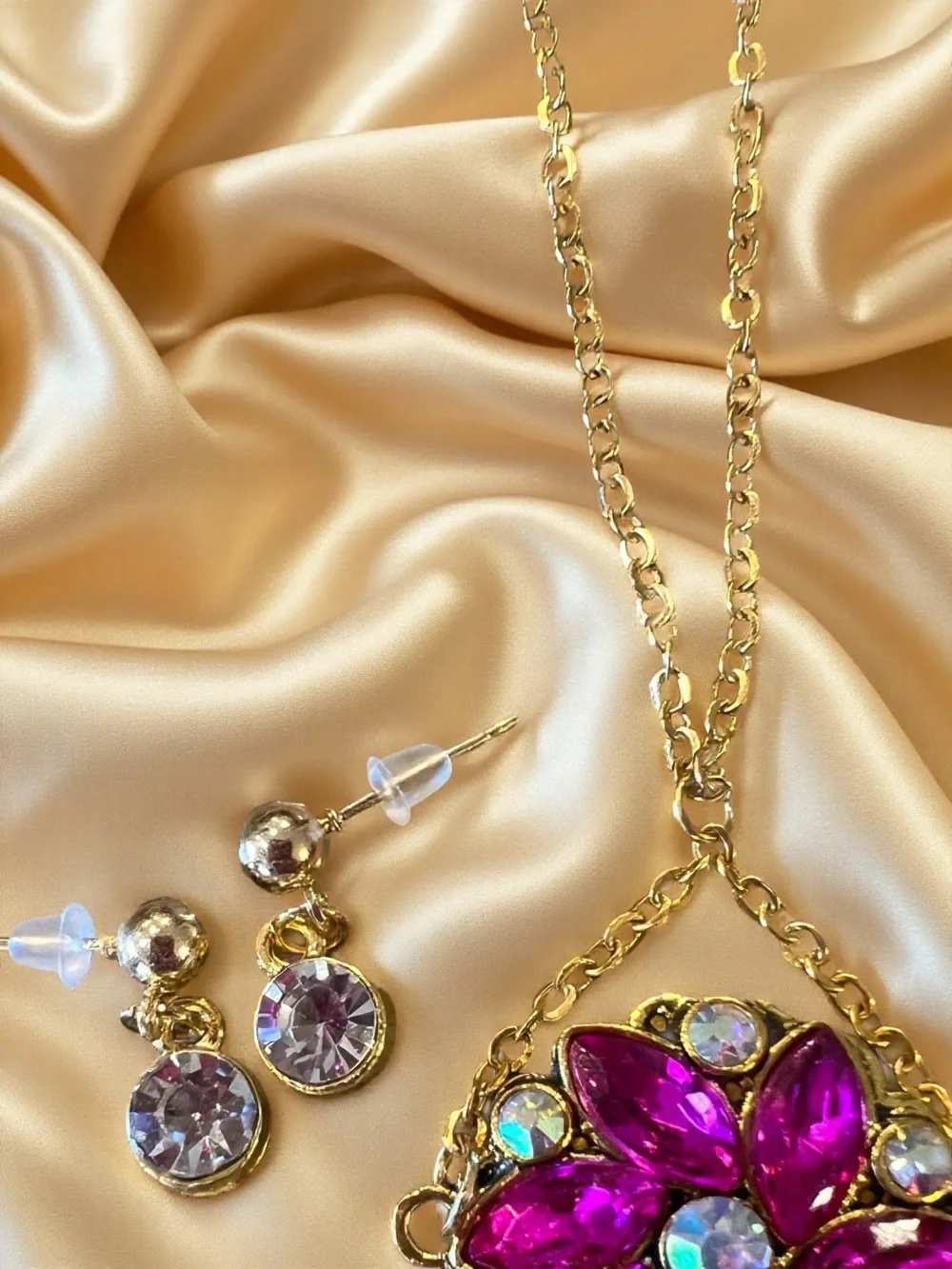 Gold-Tone Fuchsia Crystal Flower Pendant Necklace and Earring Set